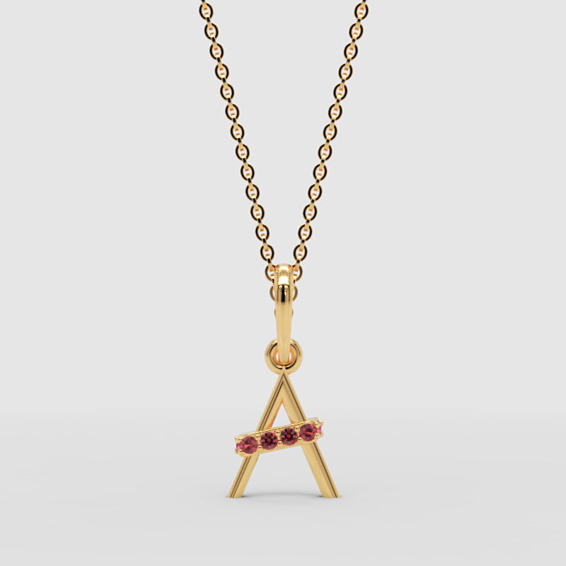 Initial Letter A Pendant Necklace With Pink Gemstones - Three