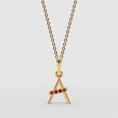 Initial Letter A Pendant Necklace With Pink Gemstones - Three