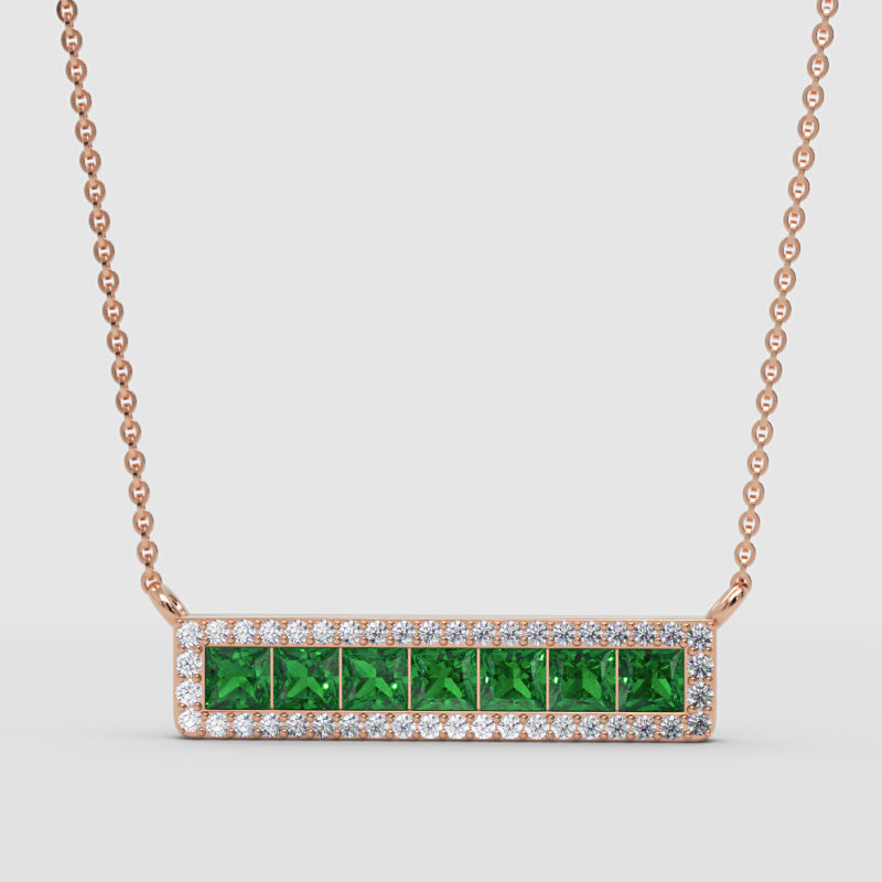 Emerald And Diamond Bar Necklace In Yellow Gold - Three