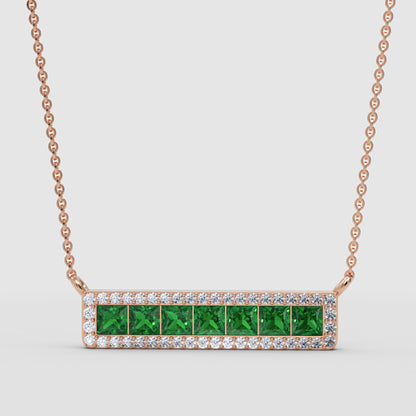 Emerald And Diamond Bar Necklace In Yellow Gold - Three