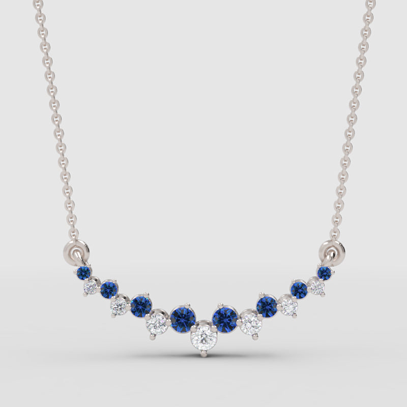 Blue Sapphire And Diamond Curved Bar Necklace In Yellow Gold - Three