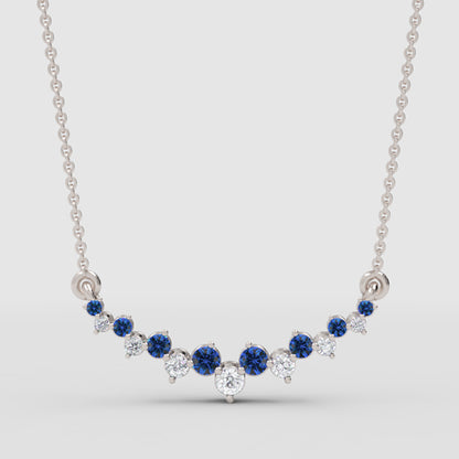 Blue Sapphire And Diamond Curved Bar Necklace In Yellow Gold - Three