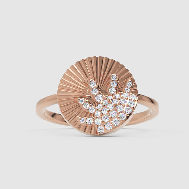 Diamond Sunburst Wave Ring With Textured Disc Design - Six
