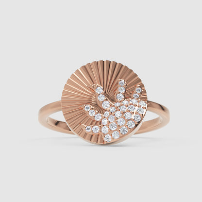 Diamond Sunburst Wave Ring With Textured Disc Design - Six