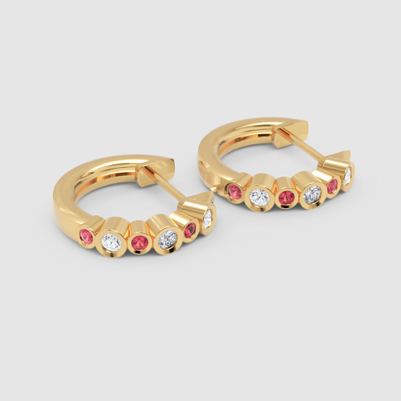 Pink And White Diamond Bezel Set Hoop Earrings In White Gold - Six