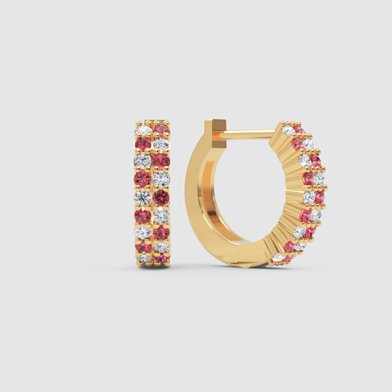 Rose Gold Ruby And Diamond Double Row Hoop Earrings - Six