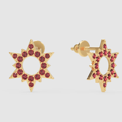 Ruby Starburst Halo Stud Earrings - Three
