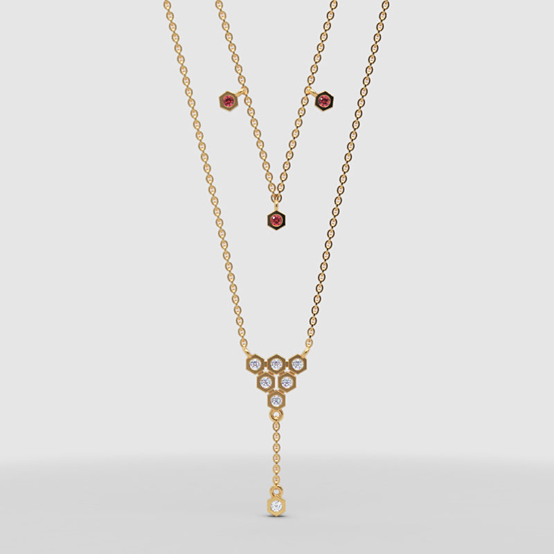 Layered Honeycomb Ruby And Diamond Lariat Necklace - One