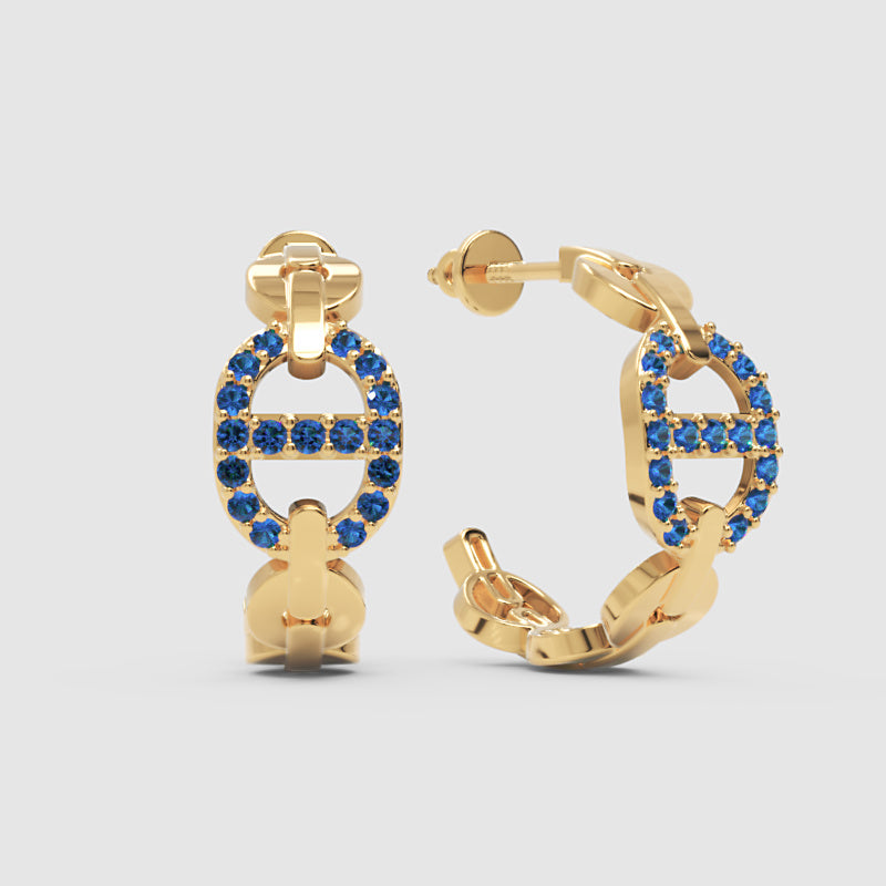 Blue Lab-Grown Gemstone Hoop Earrings In Gold Finish – Modern Oval Link Huggie Design - Four