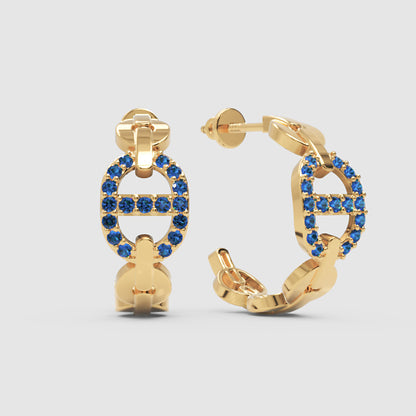 Blue Lab-Grown Gemstone Hoop Earrings In Gold Finish – Modern Oval Link Huggie Design - Four