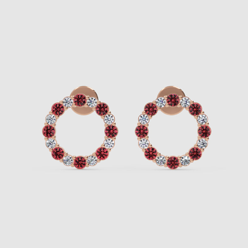 Red Gemstone And White Diamond Circle Stud Earrings In White Gold - Six