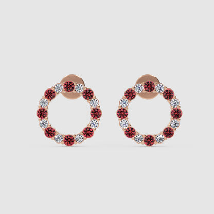 Red Gemstone And White Diamond Circle Stud Earrings In White Gold - Six