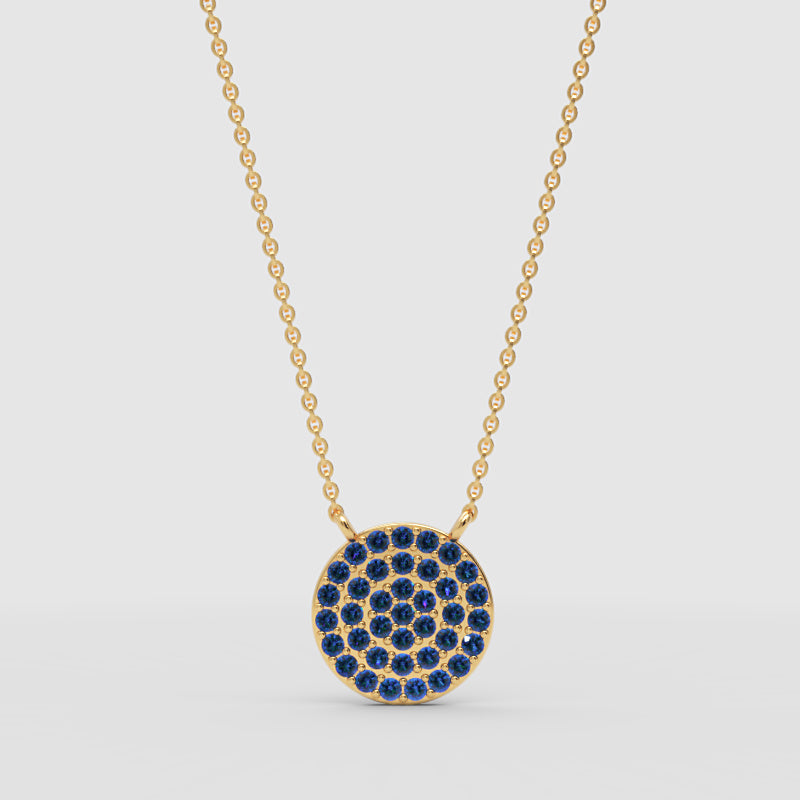 Blue Sapphire Pav Circle Disc Pendant Necklace - Three