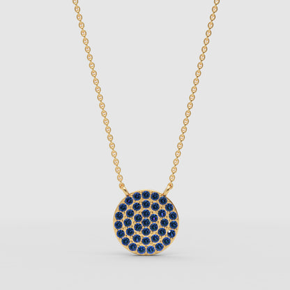 Blue Sapphire Pav Circle Disc Pendant Necklace - Three