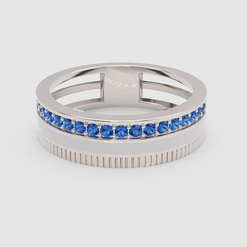 White Gold Blue Sapphire Band Ring With White Enamel Center – Modern Customizable Statement Ring | Jebij - One