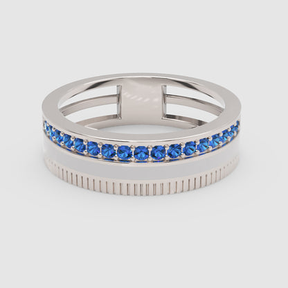 White Gold Blue Sapphire Band Ring With White Enamel Center – Modern Customizable Statement Ring | Jebij - One