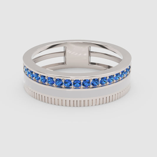 White Gold Blue Sapphire Band Ring with White Enamel Center – Modern Customizable Statement Ring | Jebij