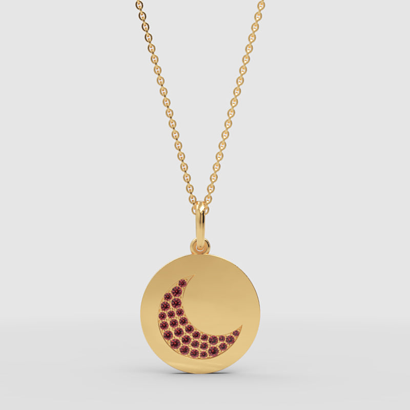 Ruby Crescent Moon Disc Pendant Necklace - Three