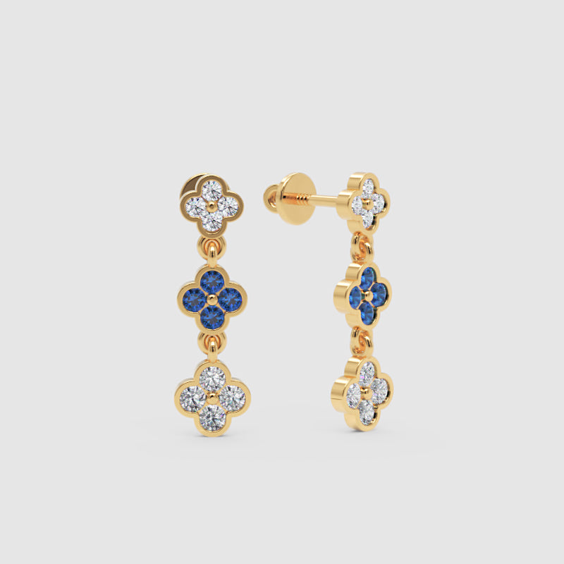 Rose Gold Diamond And Blue Gemstone Clover Drop Earrings - Six