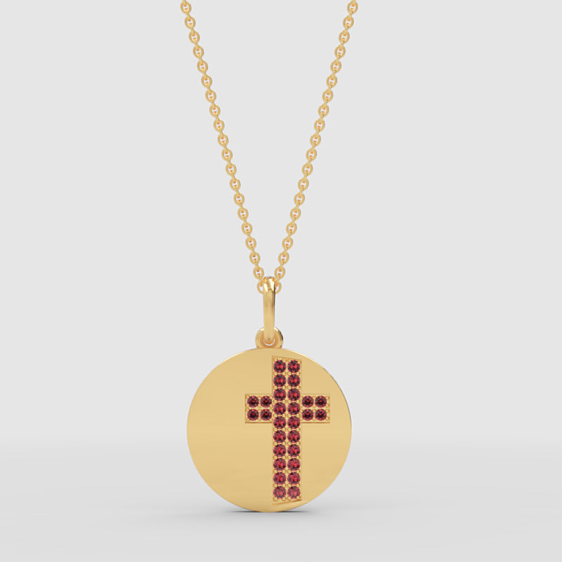 Ruby Cross Disc Pendant Necklace With Chain - Two