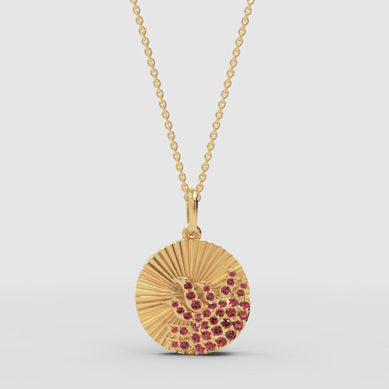 Ruby Sunburst Disc Pendant Necklace With Textured Rays - Two