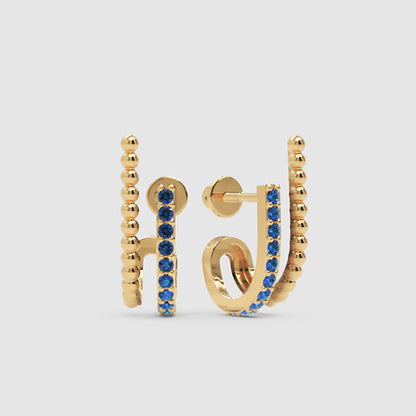 Blue Sapphire Double Hoop Beaded Earrings - Three