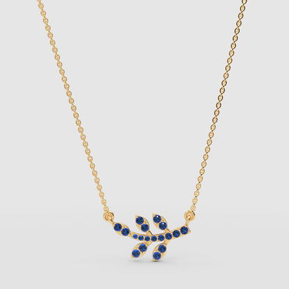 Blue Sapphire Leaf Branch Pendant Necklace - Three