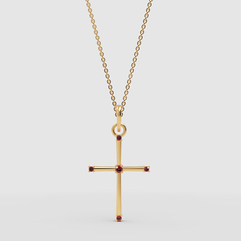 Garnet Cross Pendant Necklace With Chain - Three