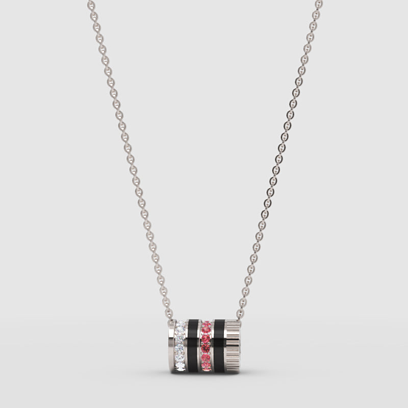 Rose Gold Multi-Band Barrel Pendant Necklace With Diamond, Red Gemstone & Enamel | Jebij - Three