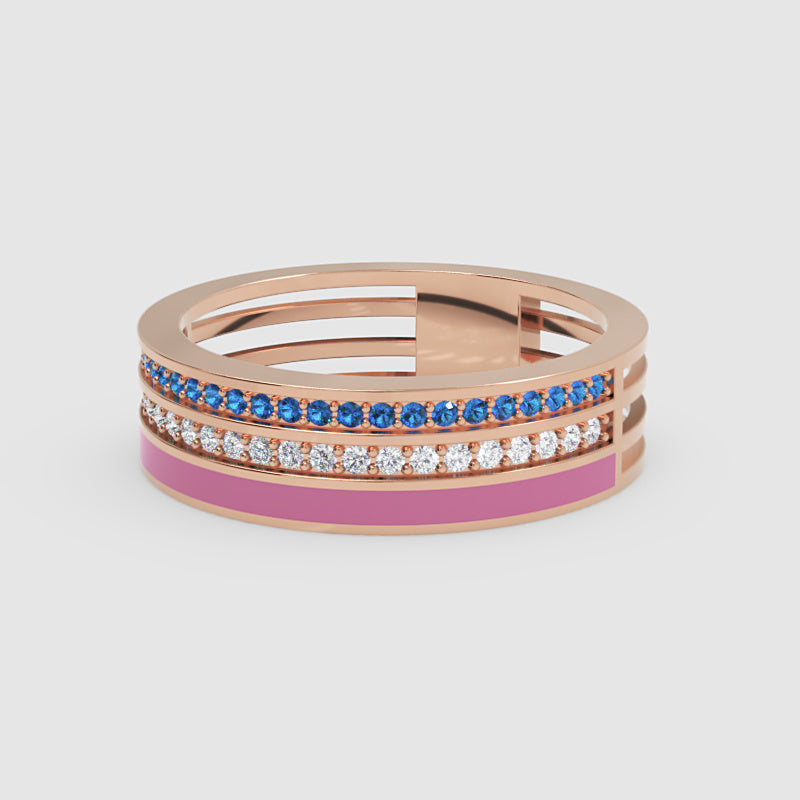 Blue Sapphire And Diamond Stackable Ring Set With Pink Enamel Band - Six