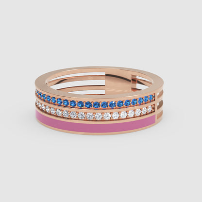 Blue Sapphire And Diamond Stackable Ring Set With Pink Enamel Band - Six