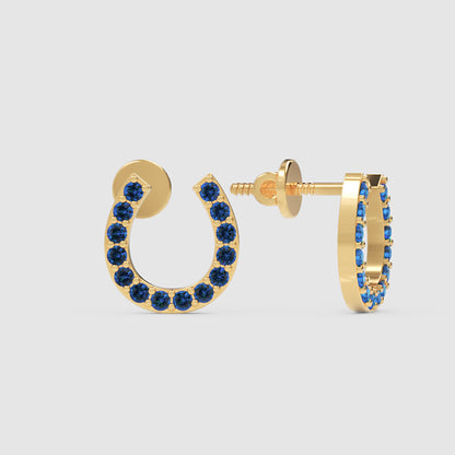 Blue Sapphire Horseshoe Stud Earrings With Screw Back Closure - Three