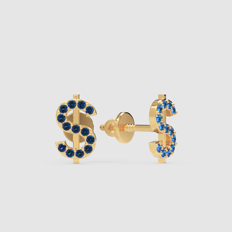 Blue Crystal Dollar Sign Stud Earrings - Three