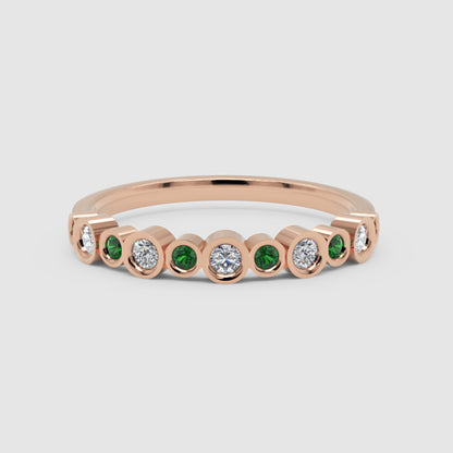 Emerald And Diamond Bezel Set Stackable Band Ring - Six