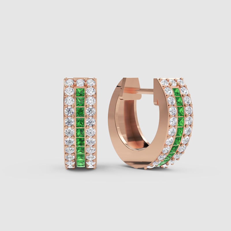 Gemstone And Diamond Three Row Huggie Hoop Earrings In Yellow Gold - Six