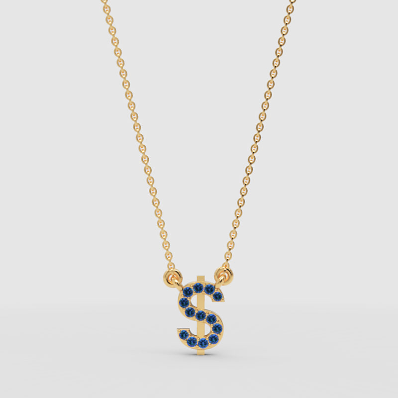 Blue Crystal Dollar Sign Pendant Necklace - Three