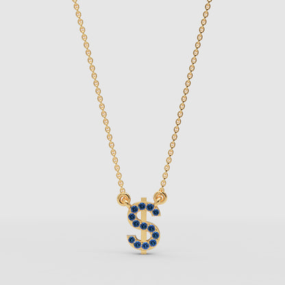Blue Crystal Dollar Sign Pendant Necklace - Three