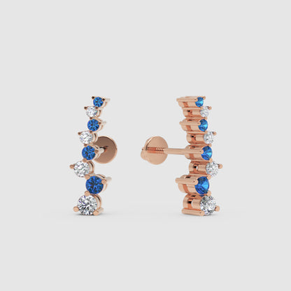 Blue Sapphire And White Diamond Curved Climber Earrings In 14K Yellow Gold - Six