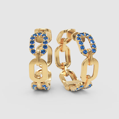 Blue Gemstone Chain Link Hoop Earrings - Three