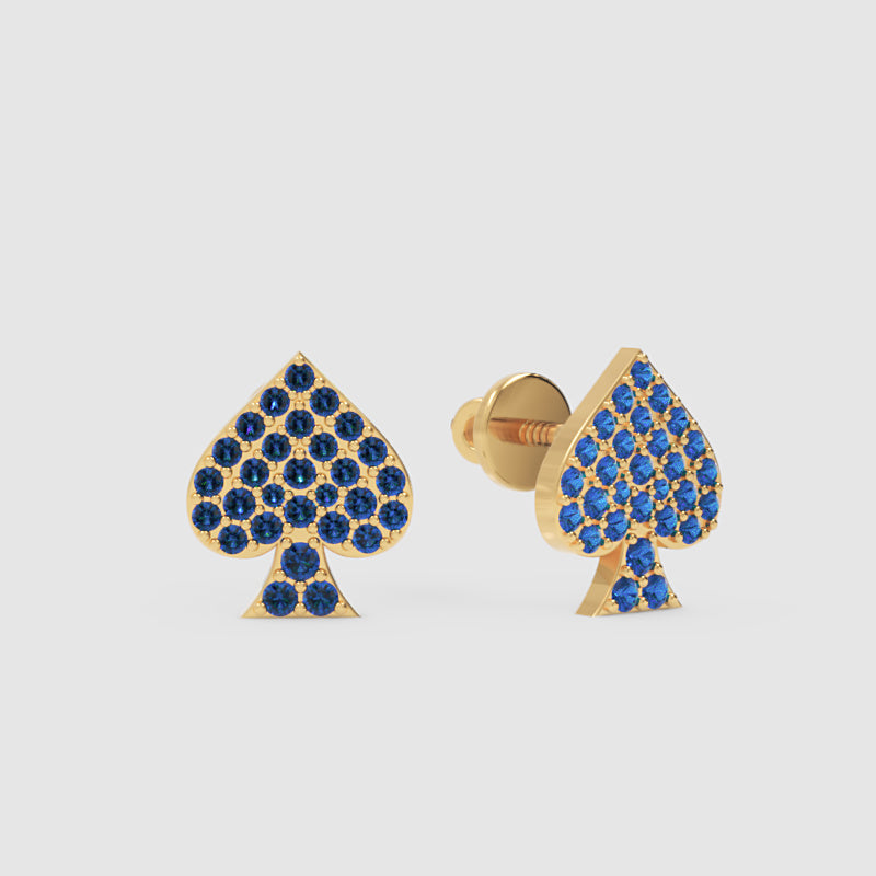 Blue Sapphire Spade Stud Earrings With Screw Back Closure - Three