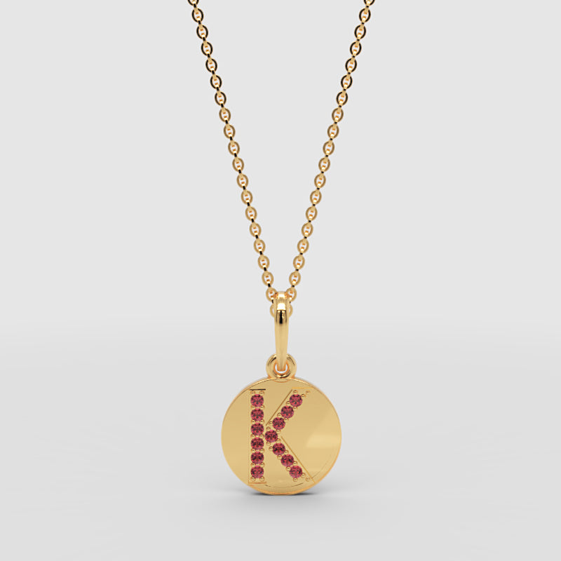 Personalized K Letter Pendant Necklace In Rose Gold With Red Stones - Three
