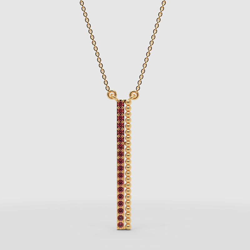 Vertical Bar Pendant Necklace With Red Gemstones And Beaded Detail - Three