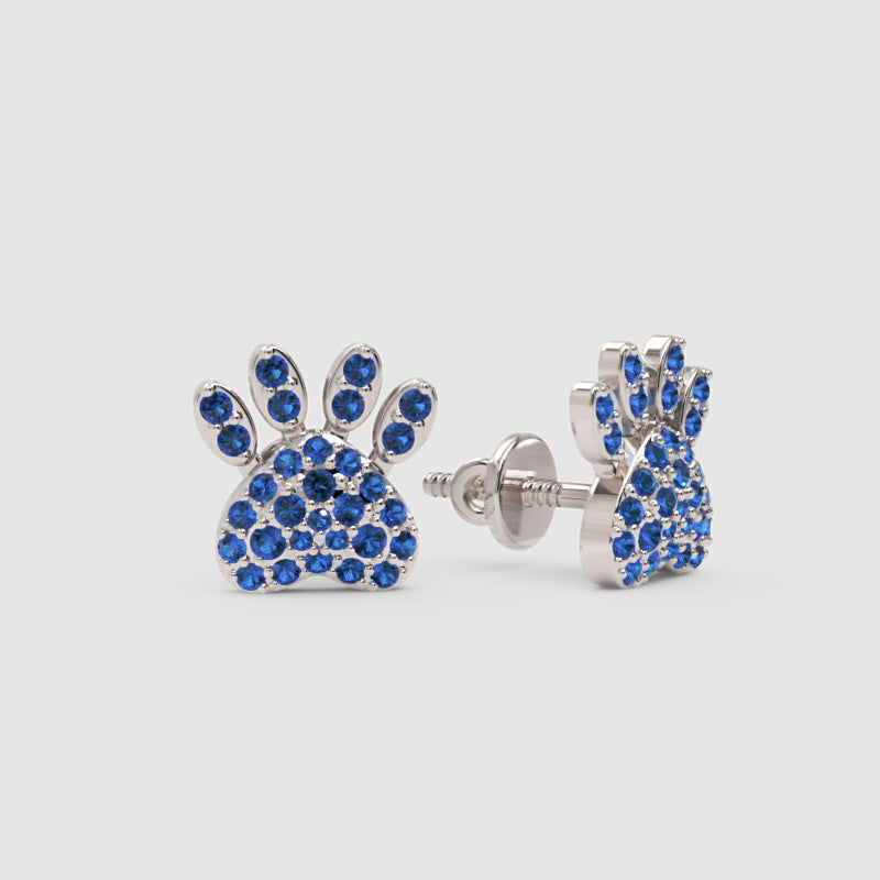 Blue Sapphire Paw Print Stud Earrings With Screw Back Closure - Three