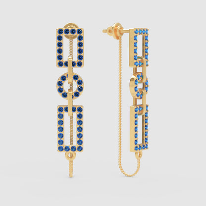 Blue Gemstone Geometric Chain Link Drop Earrings - Three