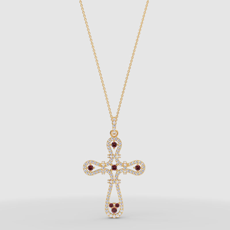 Ornate Cross Pendant Necklace With Red And Clear Stones Halo Design - Three