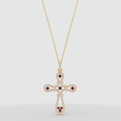 Ornate Cross Pendant Necklace With Red And Clear Stones Halo Design - Three