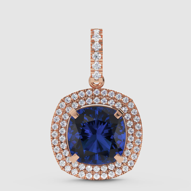 Blue Sapphire Cushion Cut Double Halo Diamond Pendant Necklace In White Gold - Four