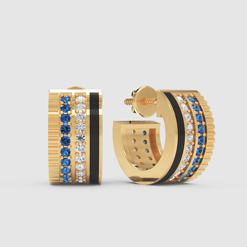 Blue Sapphire & Diamond Triple Row Hoop Earrings In White Gold With Black Enamel | Luxury Hoops | Jebij - Three