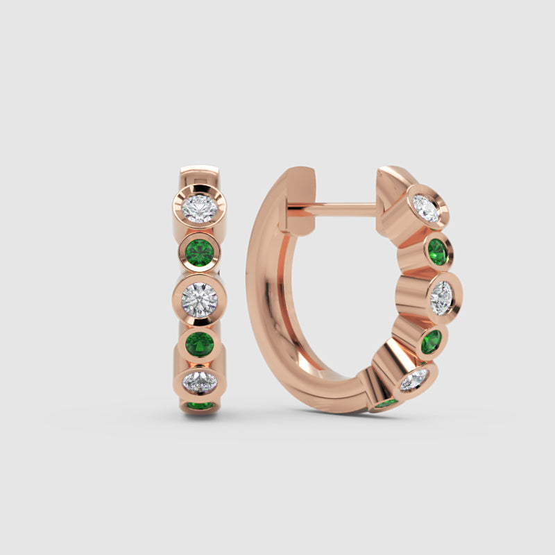Diamond  And Gemstone Bezel Set Huggie Hoop Earrings In Yellow Gold - Six