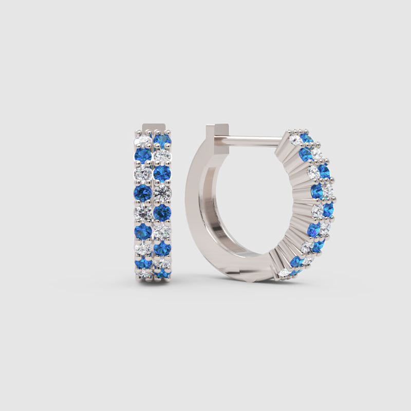 Rose Gold Blue Sapphire & Diamond Hoop Earrings – Double Row Huggie Earrings - Six